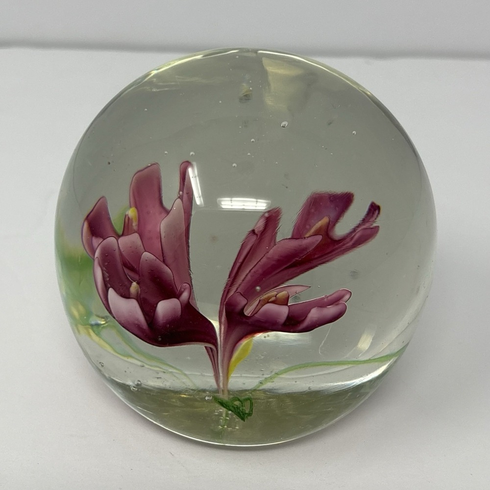 Vintage Art Glass Floral Paperweight Purple Flower Hand Blown Glass‎ Sphere